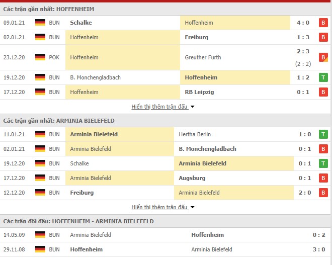 Thống kê phong độ Hoffenheim vs Arminia Bielefeld